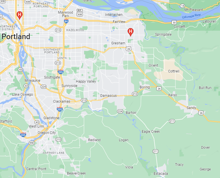 map showing Randall Children's Hospital and Mount Hood Medical Center locations