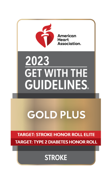 rectangular award icon, with American Heart Association logo at the top, white text and gray background below stating 2023 GET WITH THE GUIDELINES, gold emblem in the center of the icon with white text stating GOLD PLUS, with red lines under and STROKE in white text and gray background