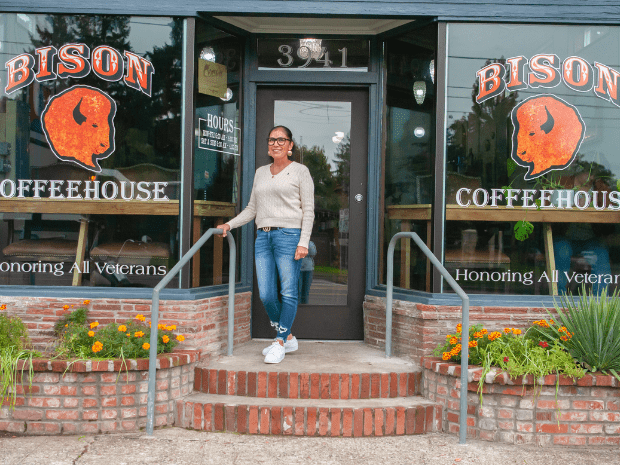 Loretta Guzman pictured outside of Bison Coffeehouse
