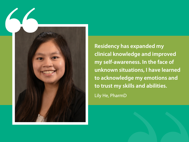 Green graphic with quote and photo of Lily He, PharmD