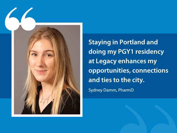 Blue graphic with quote and photo of Sydney Damm