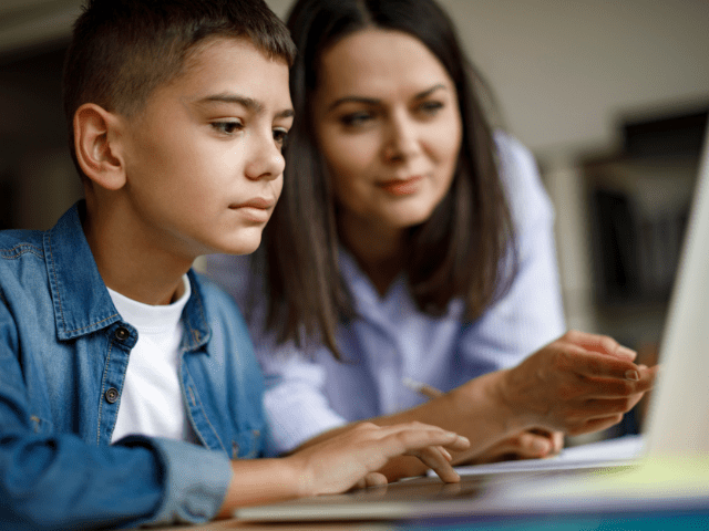 mom, son, homework, laptop, computer